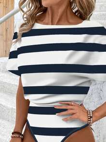 SHEIN LUNE Bộ đồ liền thân tay ngắn họa tiết sọc giản dị dành cho nữ, thích hợp cho kỳ nghỉ hè - Nhiều màu - Xem 3