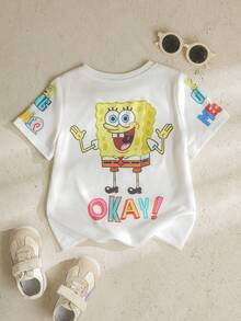 SpongeBob SquarePants | SHEIN 少女卡通印花圆领短袖休闲T恤 - 白色 - 查看 1