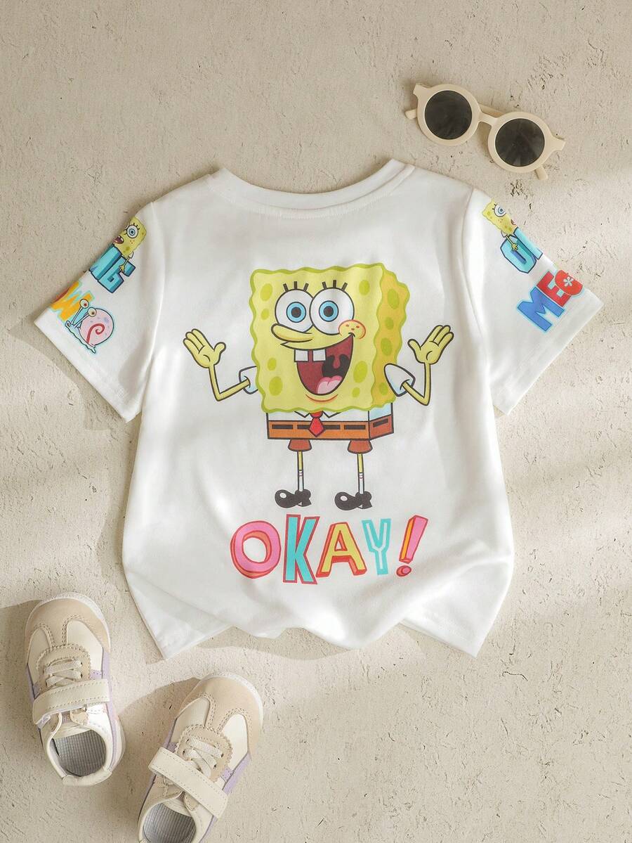 SpongeBob SquarePants | SHEIN 少女卡通印花圆领短袖休闲T恤 - 白色 - 查看 1