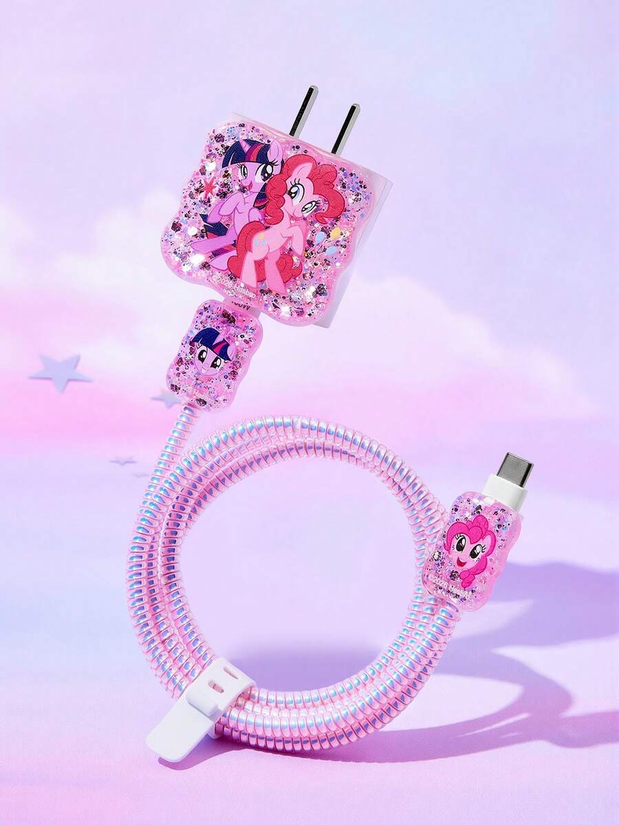 My Little Pony X SHEIN 3 件装数据线保护套，适用于 充电器，樱桃印花图案，充电器保护套（不含数据线） - 粉色 - 查看 1