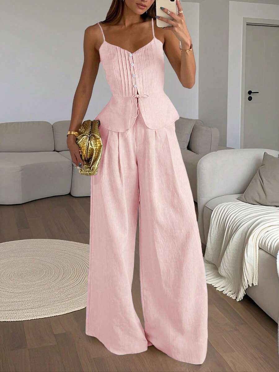 Airaco Conjunto de 2 peças com Regata com Babado na Barra e Botões na Frente e Calça Pantalona, Cor Sólida, Verão para Mulheres - Rosa Bebê - Visão 1