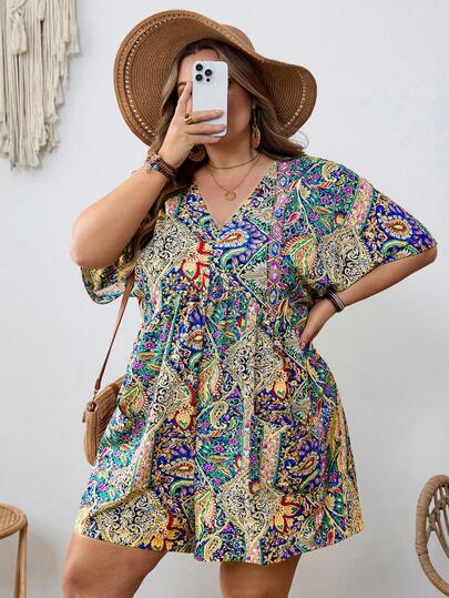 SHEIN CURVE+ 女士大码夏季佩斯利印花度假连体裤