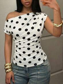 Slaydiva Polka Dot Top  New Spring, Spring And Summer Music Festival, Valentine's Day, Easter, Wedding Season, Holiday Season, Casual And Elegant, Commuting, Daily Wear, Work Wear, Vacation, Party, Cruise, Party, Basic, Daily Date, Off-The-Shoulder, Sleeveless, Waist, Inverted Pleated And Reduced Pleated Design, White Base, Black Polka Dot Top, T-Shirt, Knitted Women's Top -Z - Black and White - View 11