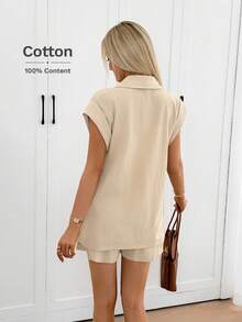 Easowa 100%纯棉休闲宽松优雅通勤套装 - 马甲西装外套和阔腿短裤，春夏女装 - 杏色 - 查看 7