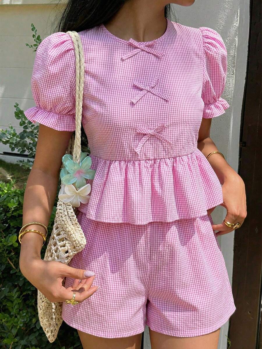 SHEIN 2pcs/Set Teen GirlPlaid Tie Front Top And Plaid Shorts Fashion Outfit - Pink - View 1