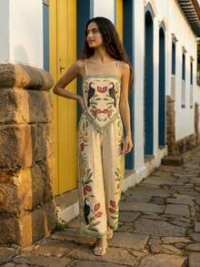 CAJUNI Bộ áo và quần với họa tiết thêu chim toucan. - Màu Khaki - Xem 5