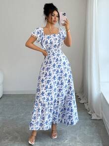 Trelyra 女士印花方领连衣裙 - 藍白色 - 查看 5