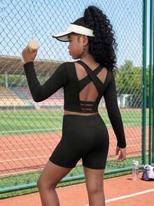 Tween Girl Fashion Knit Casual Soft Backless Criss-Cross Thumb Hole Long Sleeve T-Shirt Black Autumn Pilates Active Wear Cut Out Back Crop Top, Tween Girl - Black - View 7
