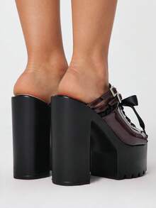 ROMWE Giày sandal cao gót hở mũi gợi cảm viền ren dành cho nữ, phong cách punk gothic thanh lịch, khóa pha lê lấp lánh, quai đôi, kiểu xỏ chân, đế dày chống thấm nước, gót chunky, giày nữ mùa xuân/hè thích hợp cho các bữa tiệc hộp đêm/lễ hội. - Màu Đỏ Sâu - Xem 5