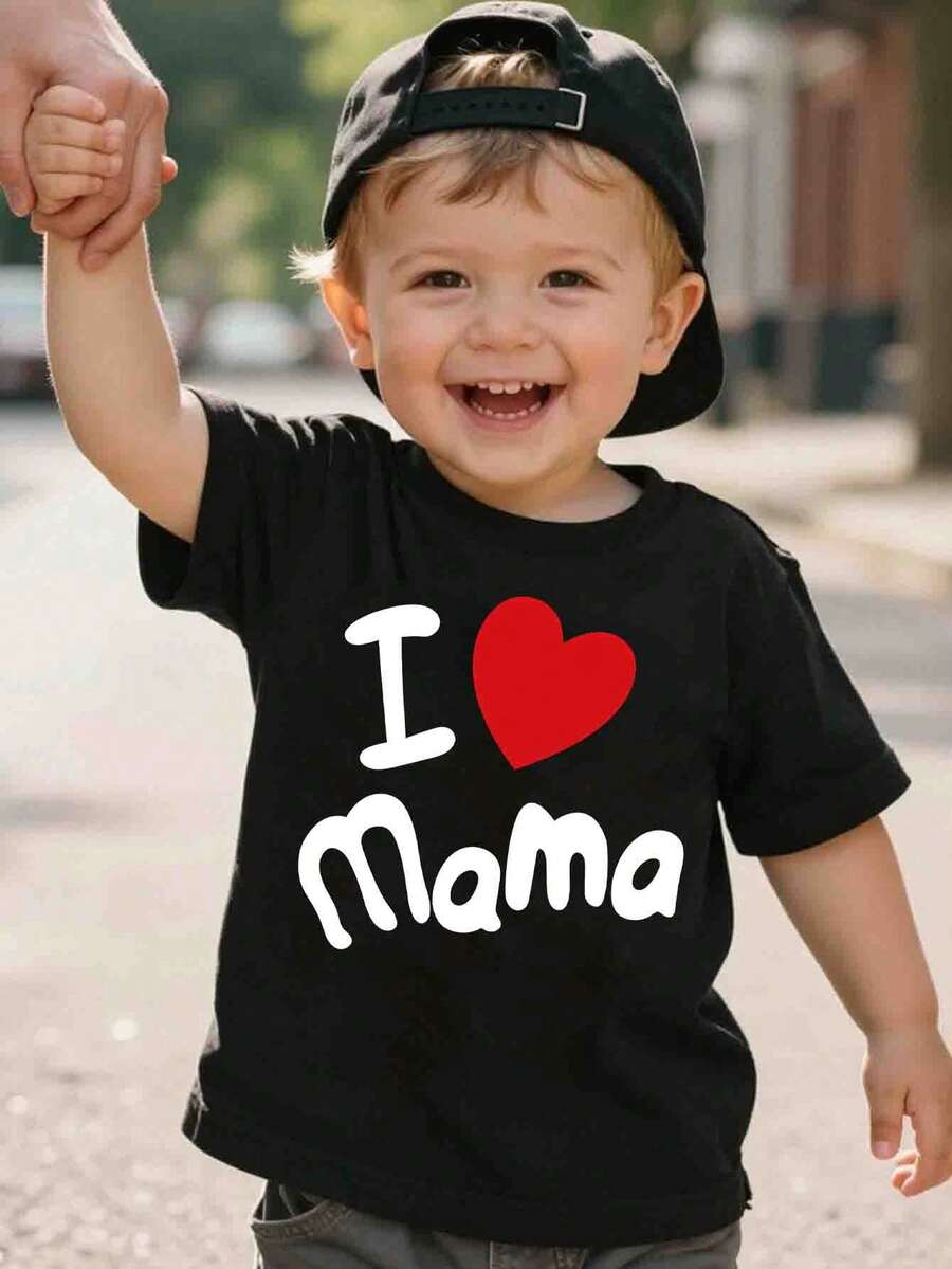 春夏男童休闲时尚创意个性清新简约可爱心形标语印花舒适基础款短袖T恤，温暖夏秋款式，适合春、夏、秋季穿着，上衣 - 黑色 - 查看 1