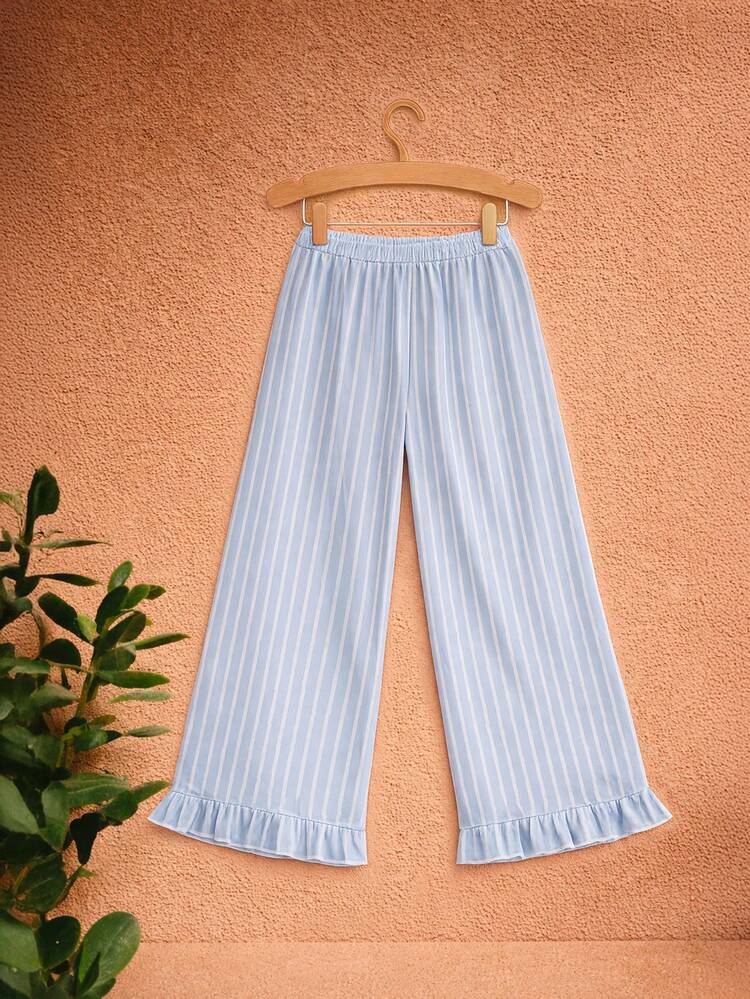 Hellblaue gestreifte Weite Bein Hose mit Rüschen Saum, elastischer Taille, Mädchen Lässig Sommer Palazzo Stil Hose
