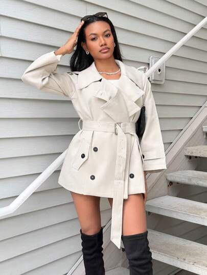 Natali Santanap 女士时尚优雅双排扣束带风衣法式风衣女装风衣秋冬女装风衣