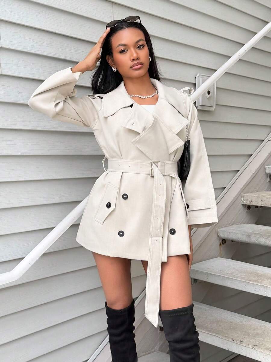 Natali Santanap 女士时尚优雅双排扣束带风衣法式风衣女装风衣秋冬女装风衣 - 灰色 - 查看 1