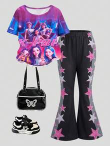 2件套女童休闲时尚卡通/韩流图案印花圆领短袖上衣+星星印花喇叭裤夏季套装 - 彩色 - 查看 3