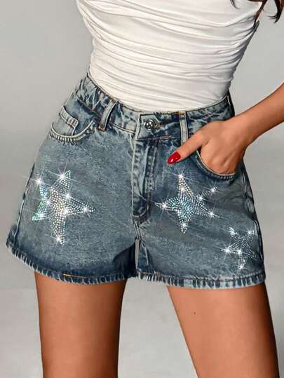 SHEIN Women High-Rise Rhinestone Embroidered Medium Wash Casual Denim Shorts