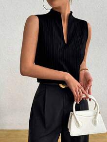 Rafferiza Camisa sin mangas de unicolor y estilo minimalista para mujer, uso casual de todos los días - Negro - Ver 4