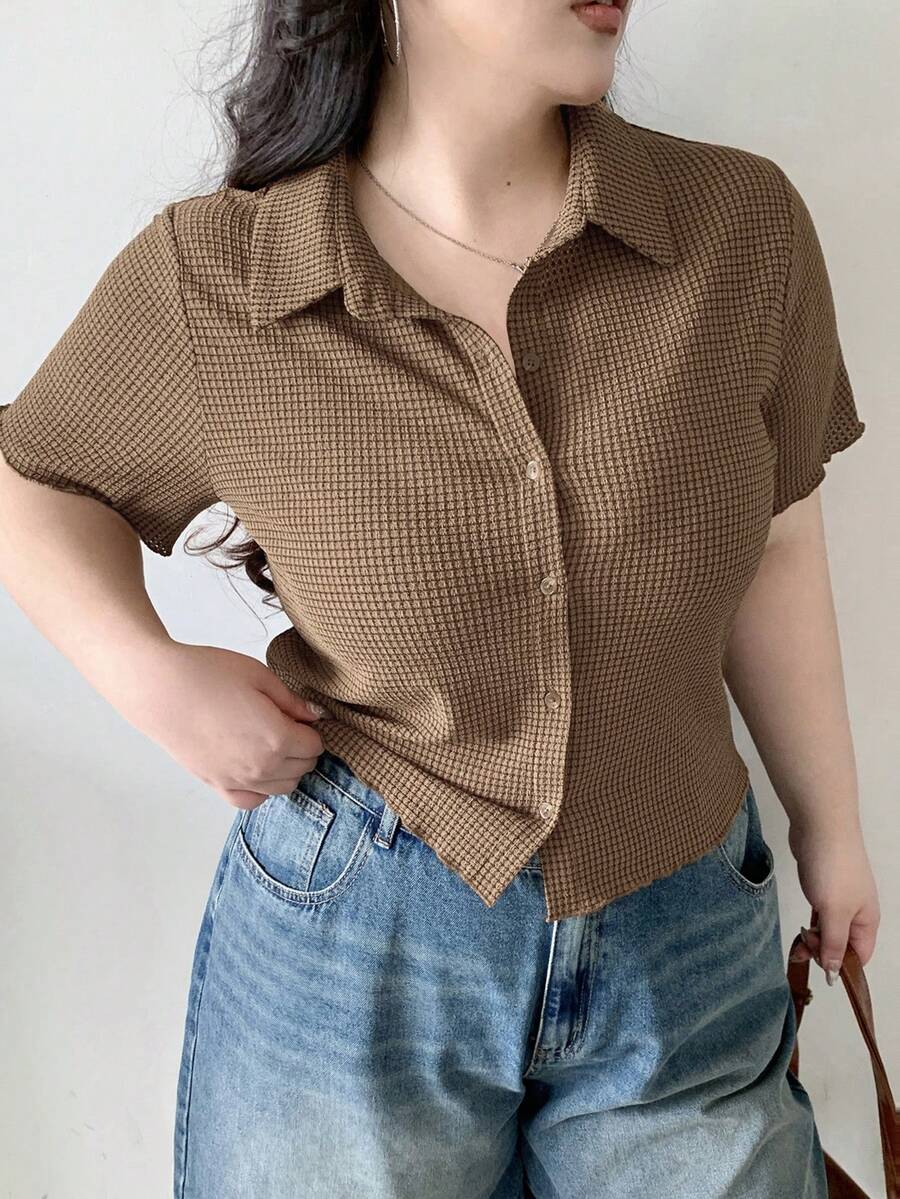 Dazy Plus Camiseta de manga corta ajustada con textura de tela, primavera/verano - Camel - Ver 1