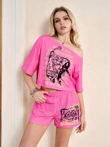 SpongeBob SquarePants | SHEIN 2pcs Women Short Sleeve T-Shirt & Shorts Set - Pink - View 4