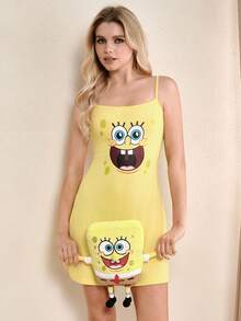 SpongeBob SquarePants | SHEIN 女士卡通印花休闲日常无袖睡裙 - 黃色 - 查看 5