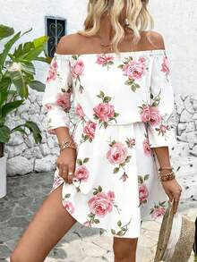 Breezaya Vestido estampado con hombros descubiertos y cinturón para la cintura, conjunto de ropa de playa y vacaciones para mujeres - Rosa - Ver 3