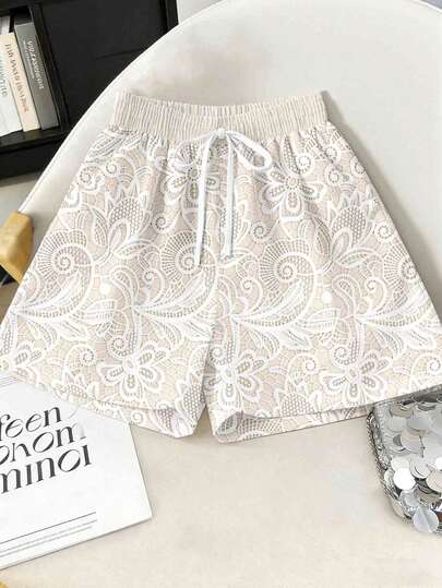Quần short nữ dáng rộng, họa tiết ren, thích hợp mặc hàng ngày vào mùa xuân/hè.