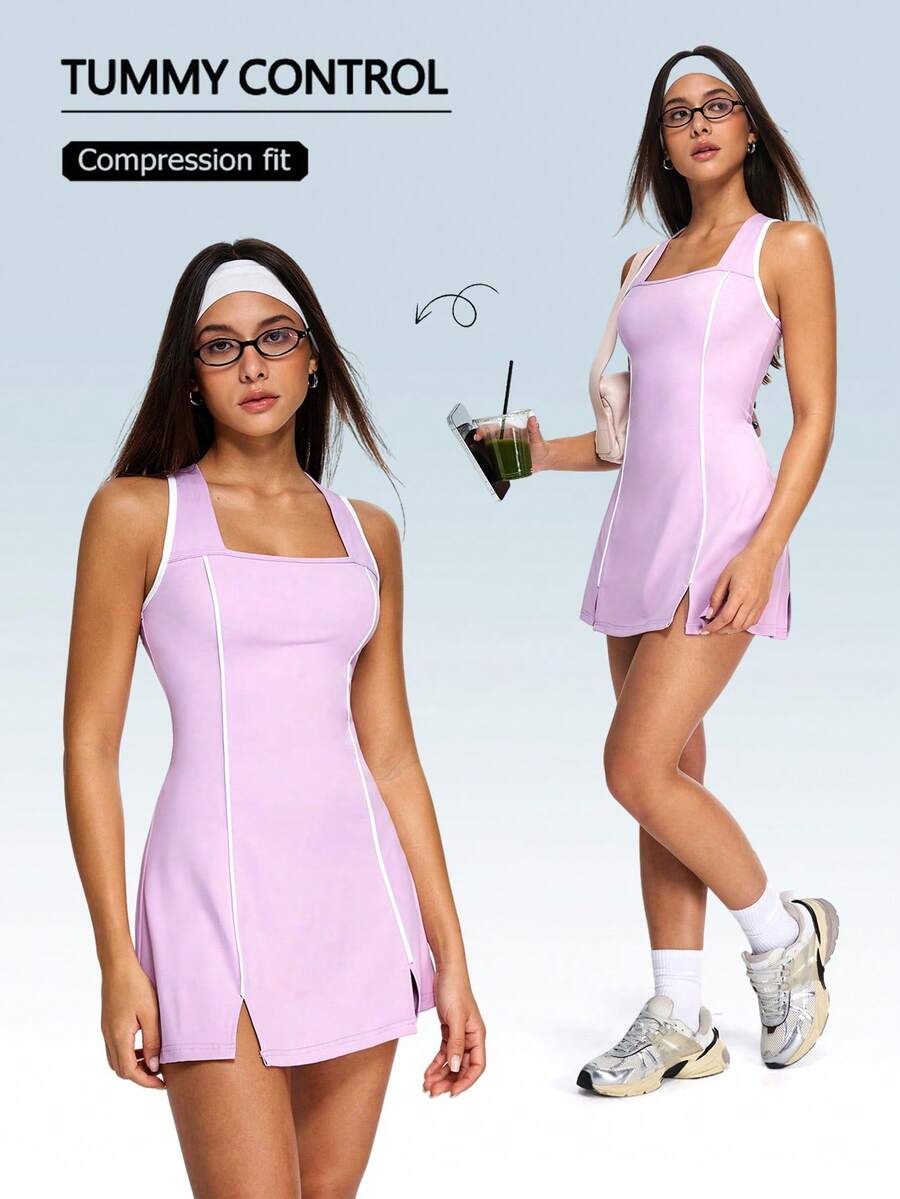 SHEIN Sovereign Charm Women's Lilac Purple Tennis Dress,Summer Casual Sleeveless Athletic Dress,White Contrast Piping,Square Neck,Crossover Back,Gym Workout Golf Dress - Purple - View 1