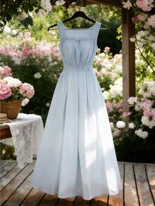 GlowEve 法式蓝色腰部设计方领吊带A字连衣裙，女士夏季度假飘逸连衣裙 - 藍色 - 查看 1