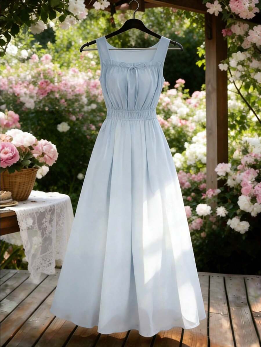 GlowEve 法式蓝色腰部设计方领吊带A字连衣裙，女士夏季度假飘逸连衣裙 - 藍色 - 查看 1