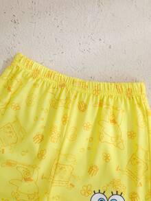 SpongeBob SquarePants | SHEIN 男婴卡通印花圆领短袖T恤和短裤休闲日常穿搭 - 彩色 - 查看 4