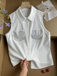 Resyla 女士无袖衬衫，带水钻口袋 - 白色 - 查看 4