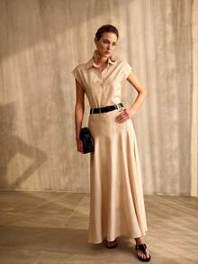 MOTF PREMIUM WOMEN'S STRIPED CASUAL SHIRT WITH WAIST BELT AND A-LINE SKIRT 2 PIECES SET, SPRING/SUMMER - Khaki - View 5