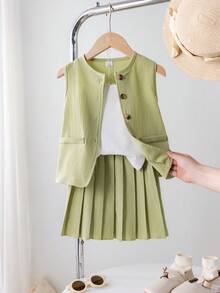 SHEIN Genkimix Kids 3pcs Set: Avocado Green Textured Woven Vest Jacket, Matching Pleated Skirt And Camisole Top For Toddler Girls, Casual Elegant Commuter Style, Spring/Summer - Olive Green - View 5