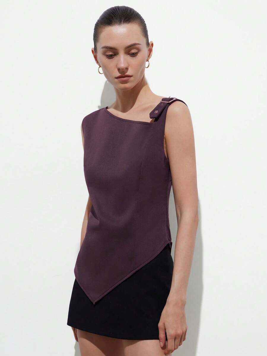 Aveloria Modichic New Fashionable Minimalist Metal Buckle Spaghetti Strap Camisole, Slim Fit Elegant Sleeveless Top - Brown - View 1