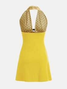 lacRébo Open Back Mini Dress With Contrast Printed Bust Spring Summer French Style Parisian Style Vacation Dress Resort Dress Holiday Dress Beach Dress - Mustard Yellow - View 8