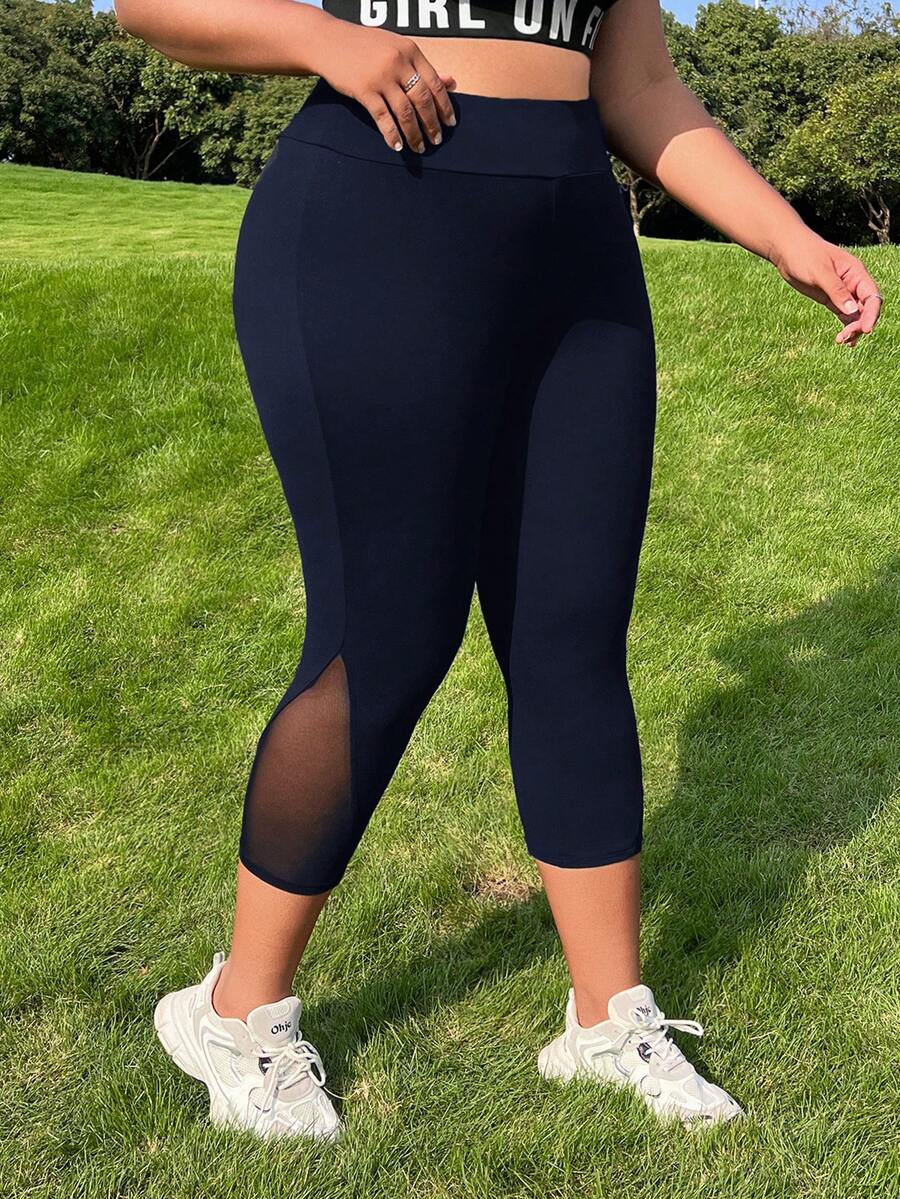 GalTyme Plus Size Navy Blue Contrast Mesh Elastic 3/4 Leggings - Navy Blue - View 1