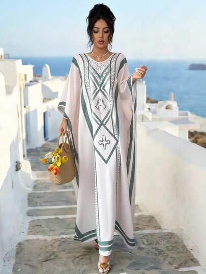 Al Najma Women's Conservative Elegant Elegant Resort Style Batwing Sleeve Loose Arabic Dress