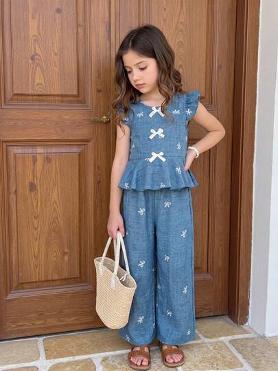 Elladie kids 2pcs/Set Toddler Girls' Summer New Round Neck Bowknot Embroidery Print Puff Sleeve Ruffle Hem Shirt And Straight Leg Shorts Casual Vintage Fashion Outfit