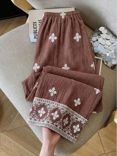 SHEIN EZwear Summer Beach Outfit Vacation Coffee-Color Bohemian Style Woven Floral Print Drawstring Waist Women's Long Pants