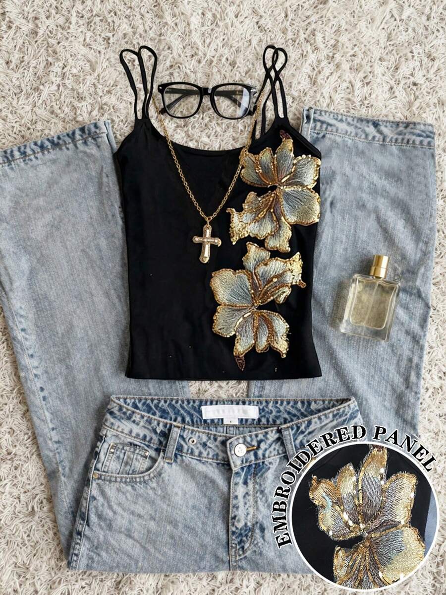 INAWLY Atasan Camisole Tanpa Lengan Motif Bunga untuk Wanita, Cocok untuk Musim Panas - Hitam - View 1