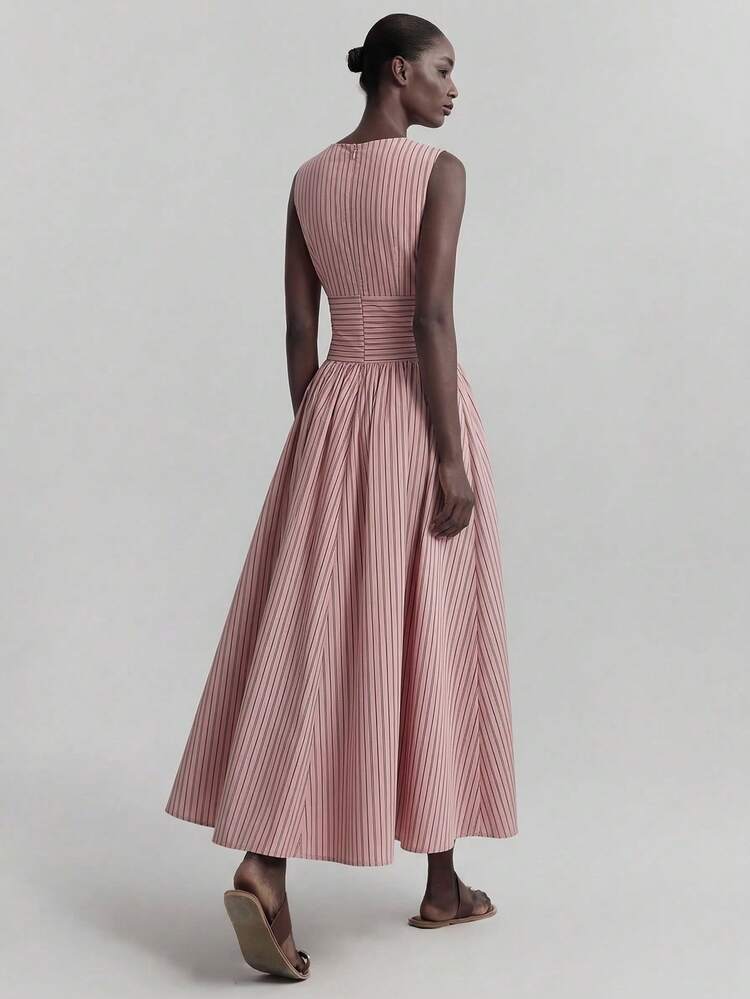 2026SS New Arrival Spring Women's Striped Patchwork Elegant Lady Striped Round Neck Sleeveless Ruched Waist Casual Maxi Dress, Daily Wear, Easter Dress, Summer Dress, Graceful Dress, Casual Maxi Dress, Vacation Dress, Wedding Event Dress,Pink Dress