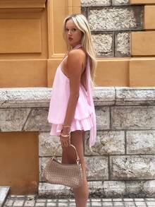 Women's Elegant Light Yellow Halter Tie Mini Dress Party - Baby Pink - View 4