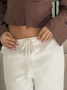 IamThia Quần ống đứng lưng rút dây dệt màu trắng cho nữ - trắng - Xem 3
