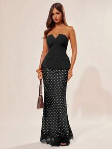 Radiana Women's Elegant Sexy Vintage French Chic Black White Polka Dot 2-Piece Suit Set,Bandeau Blazer Top Skirt,Summer Holiday Dinner Night Out Party Outfits - Black - View 3