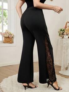 Reflora Plus Size Solid Color High Waist Lace Patchwork Flare Pants Lace Pants For Woman Elegant Pants For Women Buissness Casual Women Pants Lace Insert Pants Wide Leg Pants - Black - View 3