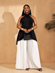 Lunelith SHEIN Lunessa Women's 2 Pieces Commuter Set - Halter Top And Pleated Pants - Black and White - View 4