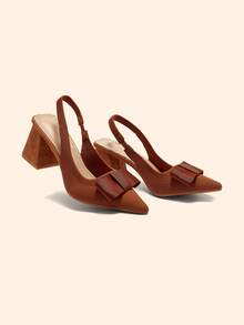 CUCCOO BASICS 女士时尚黑色蝴蝶结尖头粗跟高跟鞋，圣诞节必备 - 紅棕 - 查看 5