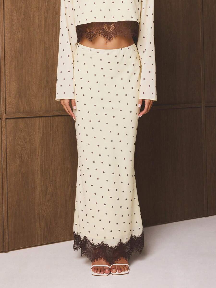 AiiRZ Polka Dot Lace Trim Maxi Skirt With Scalloped Hem Detail High Waisted A-Line Long Skirt For Spring Summer Occasions - Yellow - View 1