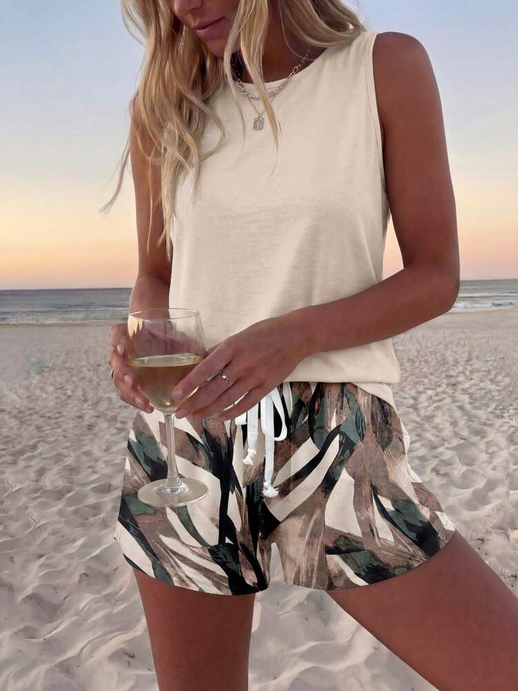 2pcs Women Summer Pattern Round Neck Sleeveless Cami Top And T-Shirt Set,Casual,Beach Outfit For Women