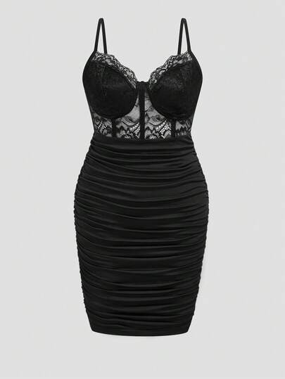 Elenzga Plus Size Black Lace Bodice & Ruched Skirt Sexy Dress