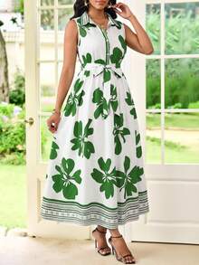 SHEIN Lady Women's Elegant Floral Print Button-Up Sleeveless Dress, Summer - Multicolor - View 1